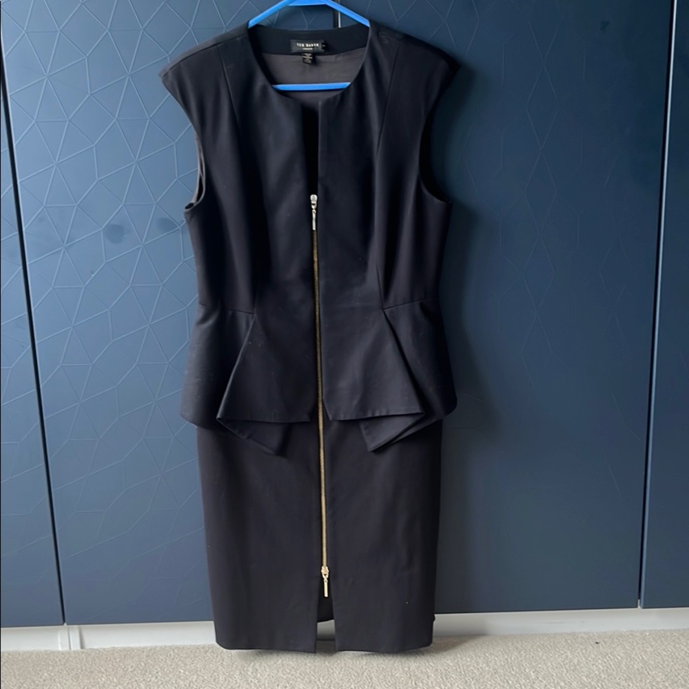 Tahari Black Sleeveless Peplum Sheath Dress with Gold Zip
